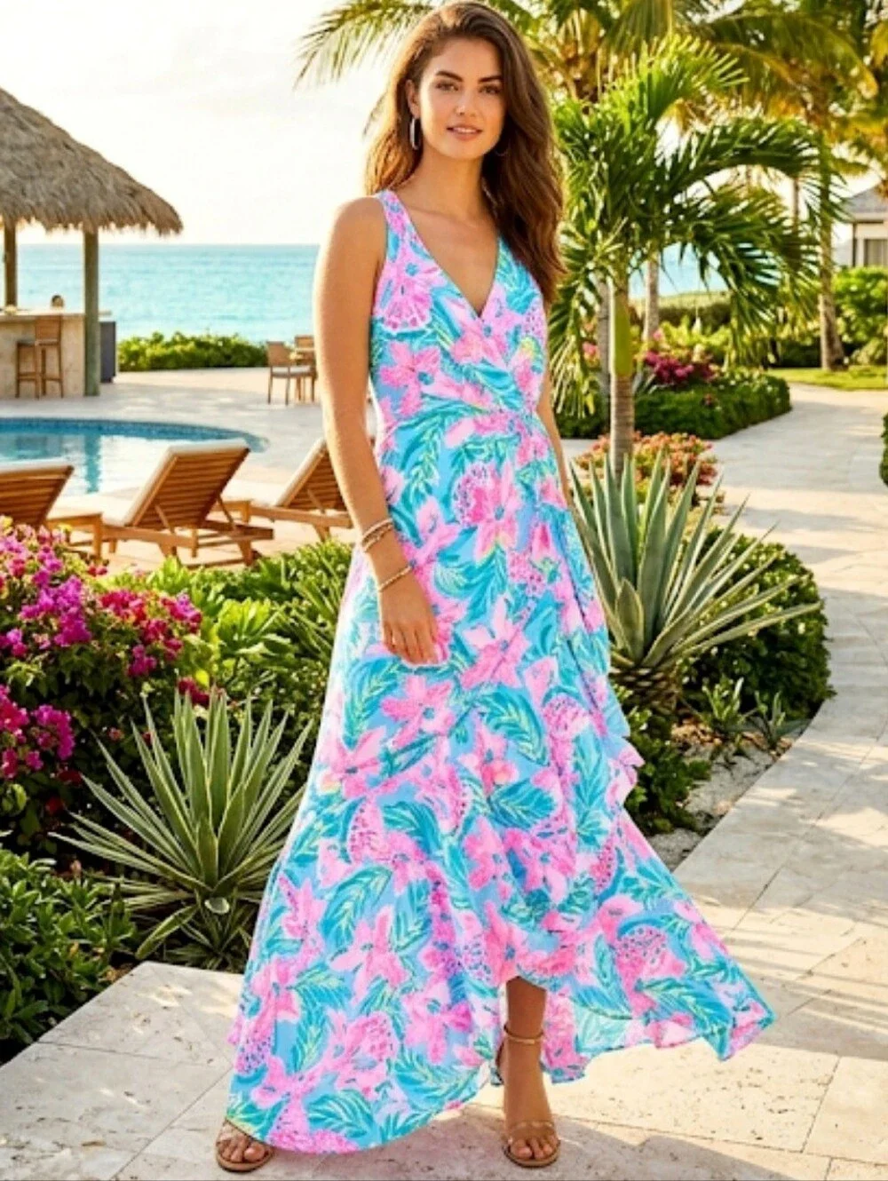 Lilly Pulitzer Taylee Flounce Maxi Dress (Size 8) (Blue Ibiza Gimme The Juice)